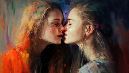 Wall Mural - Young lesbian couple in their intimate moment. Generative AI