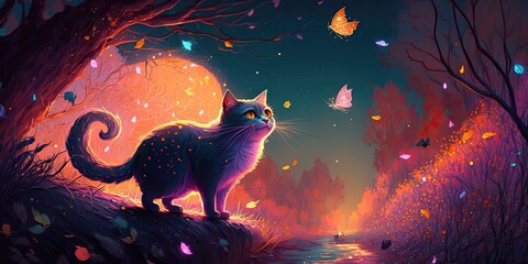 Wall Mural - A cat and beautiful moon illustrations, ai art