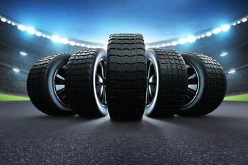 Wall Mural - Car tires on race track 3d illustration