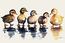 Duck And Ducklings Watercolor Painting AI