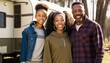 © Get Stock - Beautiful Portrait of African American family smiling at a Campsites and RV Parks in beautiful springtime : A Celebration of Happiness and Nature's Beauty (generative AI)