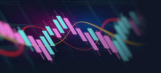 Financial graph with forex line chart in stock market on neon color Widescreen background
