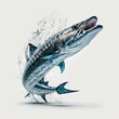 Detailed illustration of a saltwater barracuda fish jumping out from the ocean surface isolated on a white background, generative ai