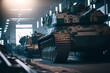 Military Factory weapon Battle tanks. Warehouse modern of army equipment. Industry line of war technology. Generation AI