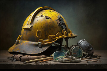 Used and dirty yellow construction hard hat with tools against a dark textured background.  Generative AI.