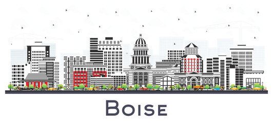 Wall Mural - Boise Idaho City Skyline with Color Buildings Isolated on White. Vector Illustration. Boise USA Cityscape with Landmarks.