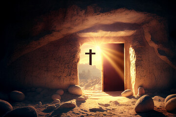 Wall Mural - Empty tomb at sunrise. Easter concept created with generative Ai technology