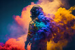 © Daria - Neon astronaut in space helmet in the middle of multicolored smoke illustration