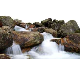 Waterfall on mountain stream isolated on transparent background, PNG.