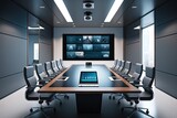 Fototapeta Mapy - Futuristic Conference Room: A modern conference room equipped with the latest technology for business presentations and video conferencing. Generative AI