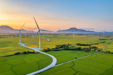 Wall Mural - panoramic view of wind farm or wind park, with high wind turbines for generation electricity with co