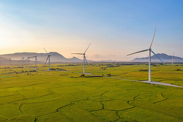 Panoramic view of wind farm or wind park, with high wind turbines for generation electricity with copy space. Green energy concept. Ninh Thuan, Vietnam