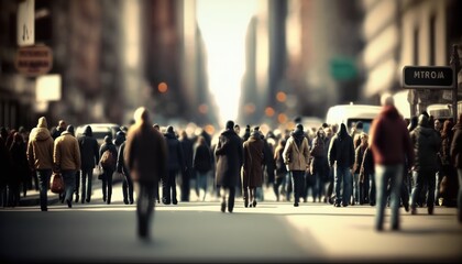 Crowd of people walking in the street, fast moving with blur, generative ai