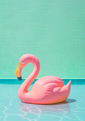 Summer concept inflatable float on the water in the pool, inflatable pink flamingo. Hot summer tropical and exotic day. Illustration. Generative AI.