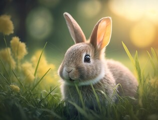 cute rabbit in the grass fields on a spring day. generative AI