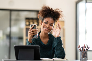 Poster - African american student woman in sweater video conference on sm