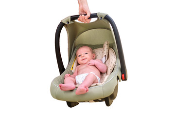 Woman mother carries baby in infant car seat in clinic, isolated on a white background. Kid aged two months