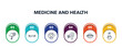 © VectorStockDesign - medicine and health outline icons with infographic template. thin line icons such as umbrella with plus, mustache curled tip, baby face, ear increase audio, smiling mouth showing teeth, test tube