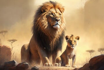 Illustration of a confident lion and his pup in a realistic African setting. Generative AI