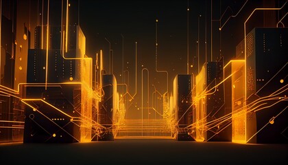 City future digital technology network background. Light gold background. Generative AI, Generative, AI