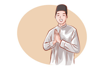 Smiling young Asian Muslim man gesturing Eid Mubarak greeting isolated over white background. Vector cartoon.