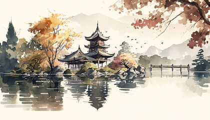 landscape and natural scenery in watercolor style. AI technology generated image，