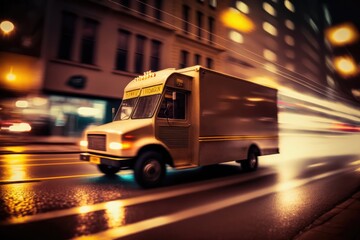 American style box truck on City Street at night. Generative AI illustration.	
