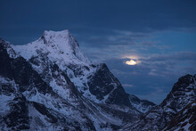 Winter Moon Next To Storskiva Mountain Peak, MoskenesÃ¸y, Lofoten Islands, Norway