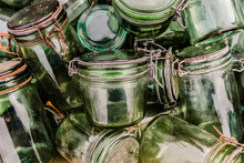 Empty Green Glass Preserve Jars, Windsor, California, USA