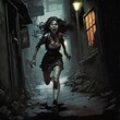 Zombie female running in alley created with AI