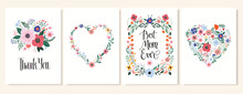 Mother's Day Collection Including Greeting Cards, Posters, Flyers With Floral Frame, Wreath, Hearts, Different Flowers And Plants, Hand Lettering Message 