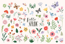 Hello Spring Big Collection With A Variety Of Plants, Flowers In Bloom, Butterflies, Leaves And Birds, Seasonal Design 
