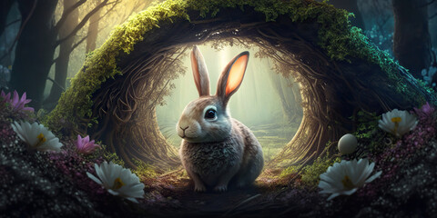 Canvas Print - cute easter bunny in an archway, Generative AI