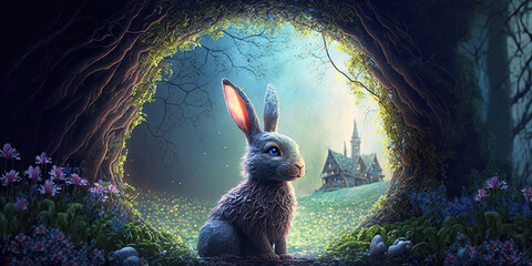 Poster - beautiful easter bunny sitting in a archway with a magical view, Generative AI