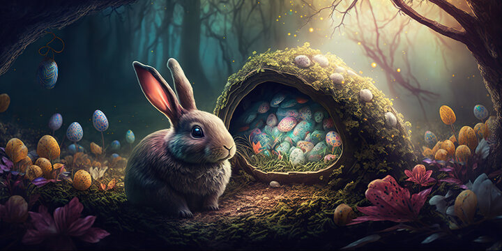 Easter bunny with easter eggs in a fantasy forest, wallpaper, Generative AI