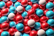 background of red and blue balls shiny spheres round candy dragee or sweet chewing gum, vitamins. Generative AI