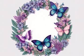 Illustration of a circular frame with pink, lilac, and blue butterflies for use in the creation of greeting cards, invitations. Generative AI