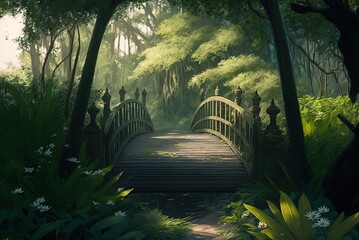 Wall Mural - wooden bridge surrounded by trees and green plants. Generative AI