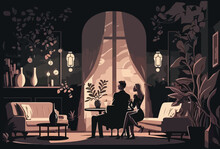 Men And Women In A Romantic Room, Nighttime, Romantic Moments. Flat Illustration