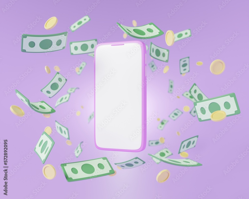3d render smart phone with falling banknote and gold coin realistic ...