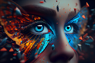 Wall Mural - Color art eye makeup creative closeup with butterflies, bright colors, stylish concept, beauty. Generative AI