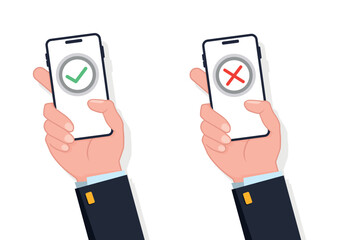 Poster - Hands holding smartphones with checkmarks set. Tick and cross check marks. Vector stock illustration 10 eps.