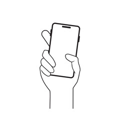 Poster - Mobile Phone Line Icon. Hand holding smartphone. Smartphone with white screen vector illustration.