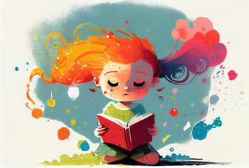 Wall Mural - Minimalist childbook illustration redhead girl reading book