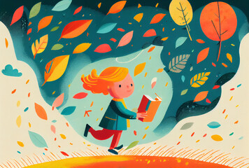 Canvas Print - Minimalist childbook illustration blond girl reading a book in cloud of leafs