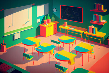 Wall Mural - Minimalist colorful childbook illustration classroom