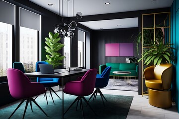 Modern office interior with bold colour furniture