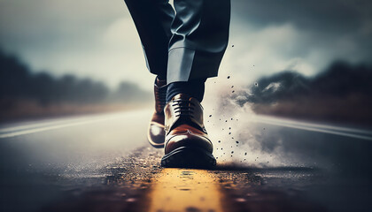 businessman walk on road and start to success, close up shoes walking, goal and target concpet, Generative ai