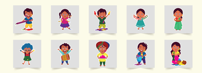 Canvas Print - Sticker Style Cheerful Indian Kids or People Celebrating Holi Festival.