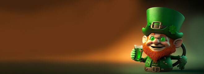 Sticker - 3D Render Closeup of Cheerful Leprechaun Man Holding Drink Glass And Copy Space. St. Patrick's Day Concept.